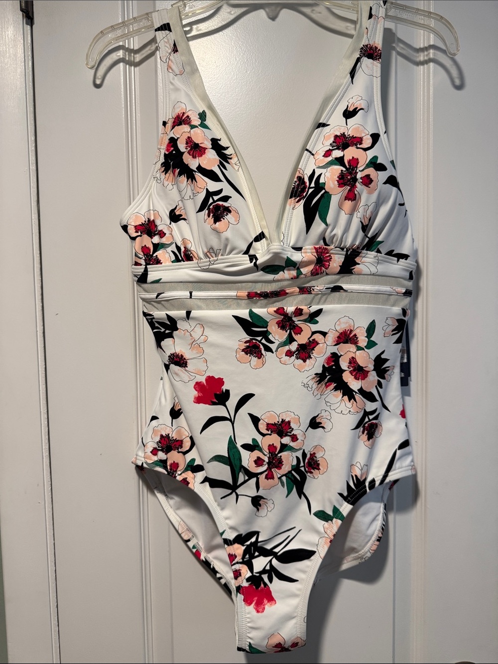 Tommy Hilfiger  floraV-Neck One-Piece Swimsuit - White pink green flowers design